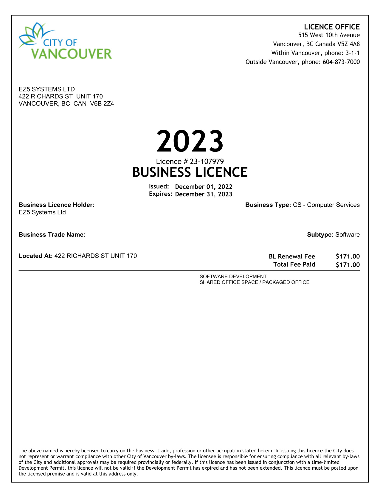 EZ5 Systems - Business License