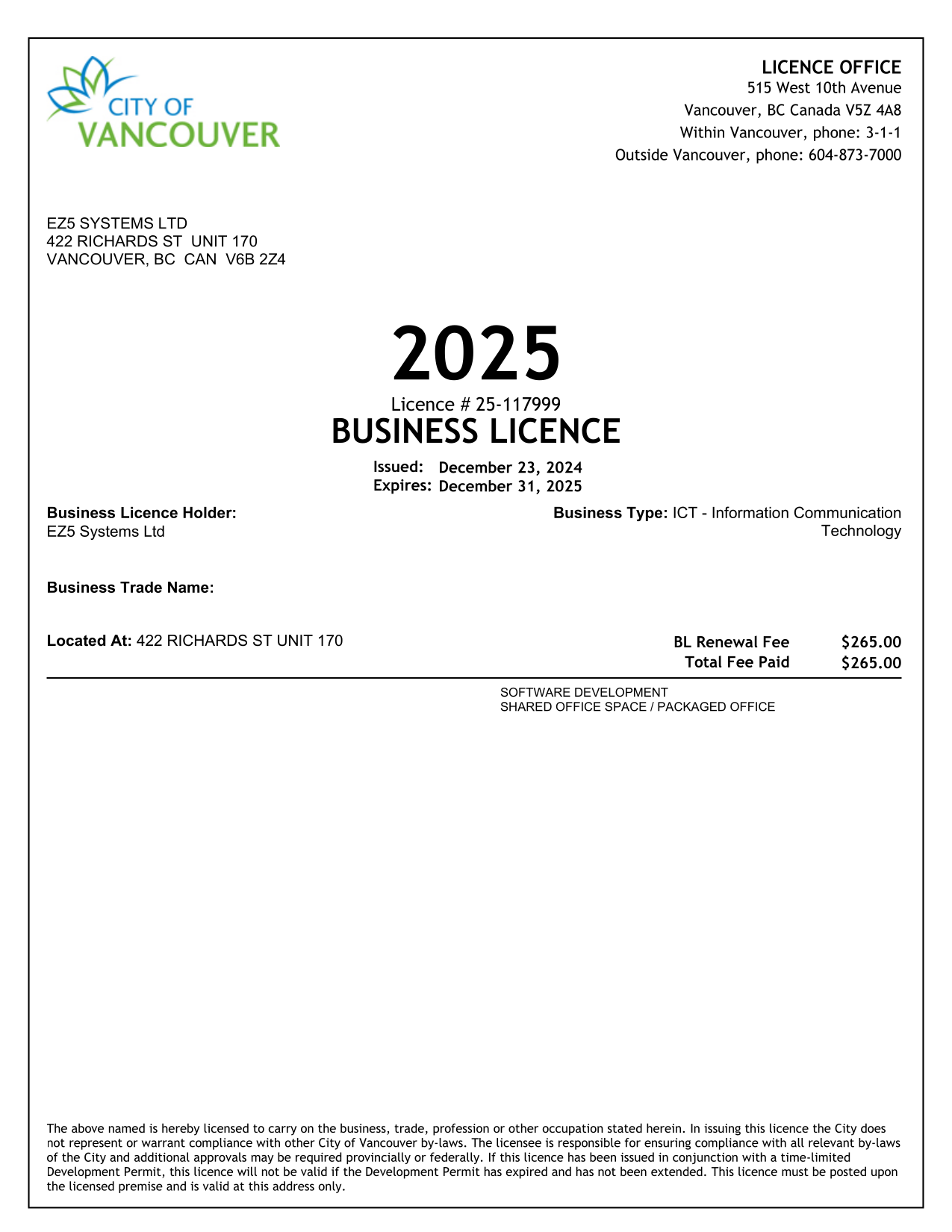 EZ5 Systems - Business License