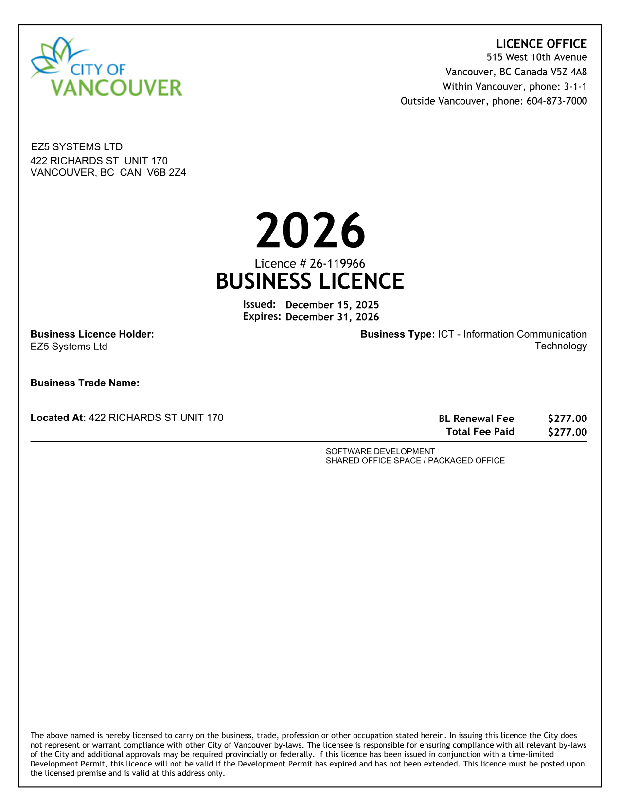 EZ5 Systems - Business License