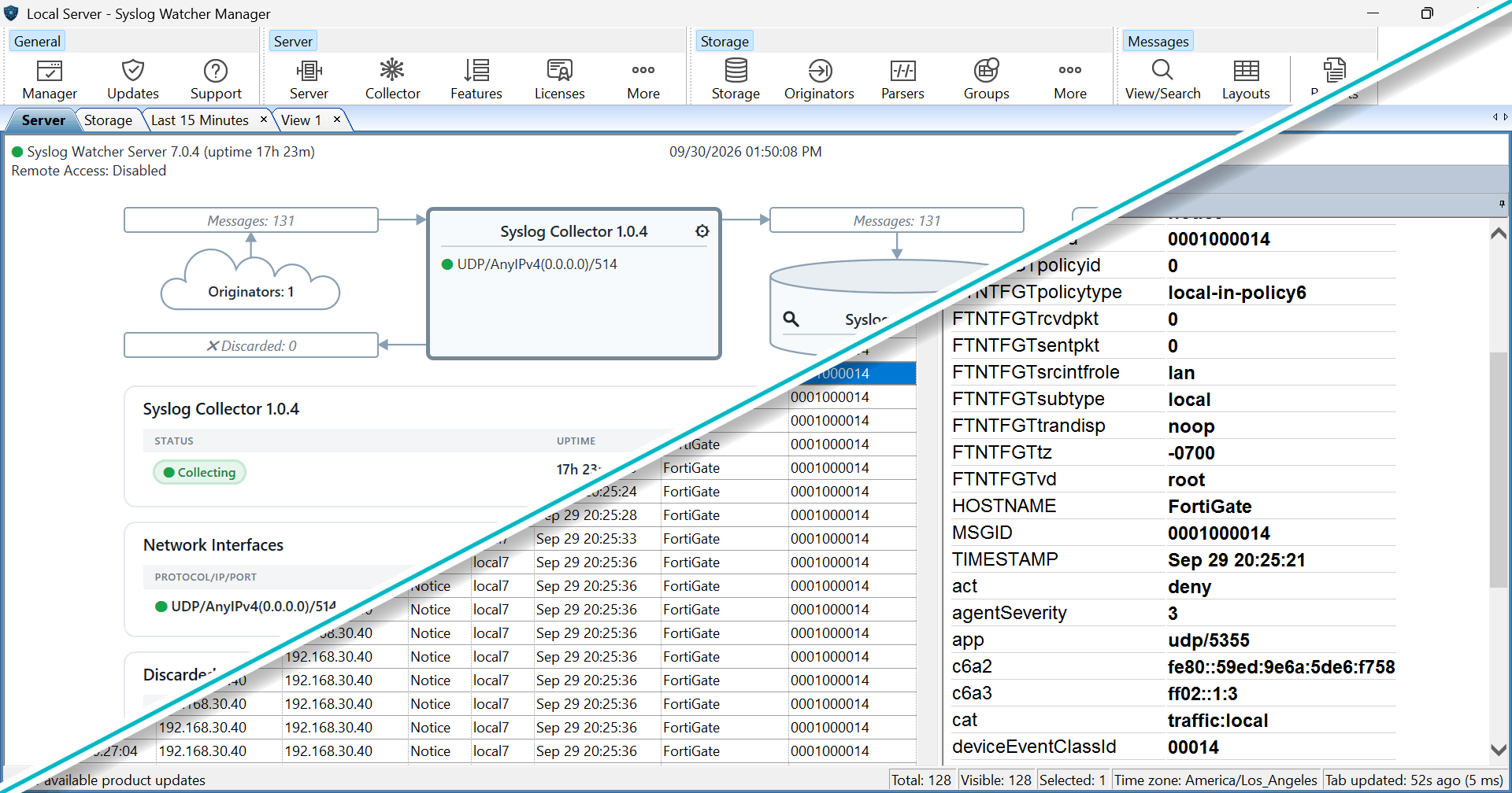 Download Syslog Watcher. The Manager Server view collecting syslog on UDP 514, beside a parsed FortiGate message.