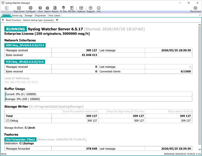 Syslog Watcher Manager showing a running Windows syslog server, network interfaces, and message counters