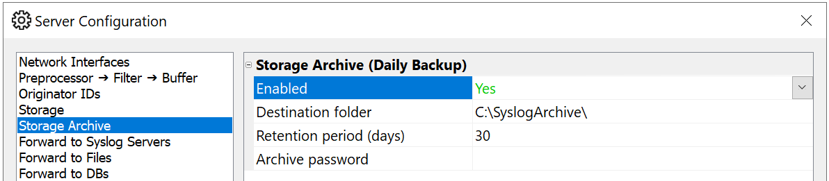 Syslog Watcher settings with Syslog Archive enabled